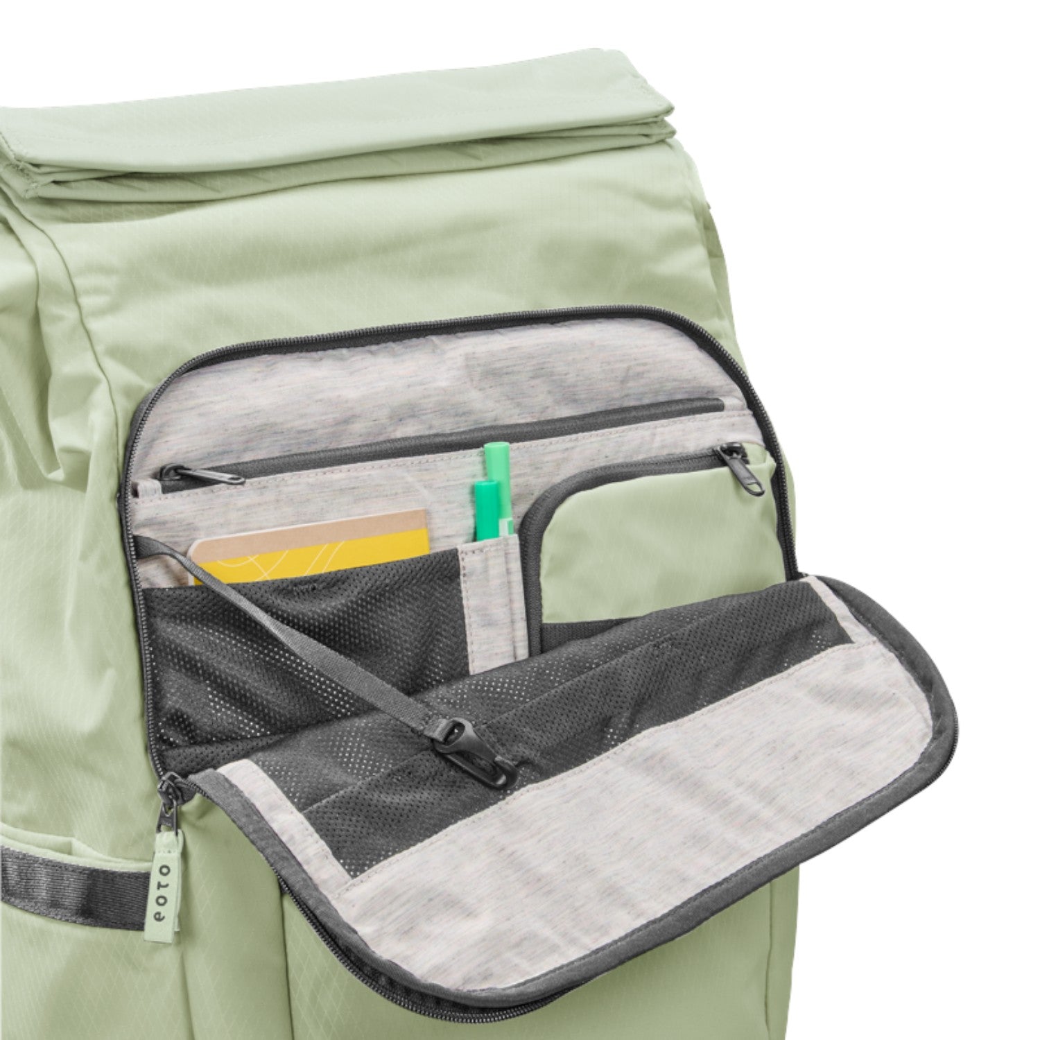 Lieblingstasche eoto Tall41 rolltop backpack in sage green with open front organizer pocket and interior compartments
