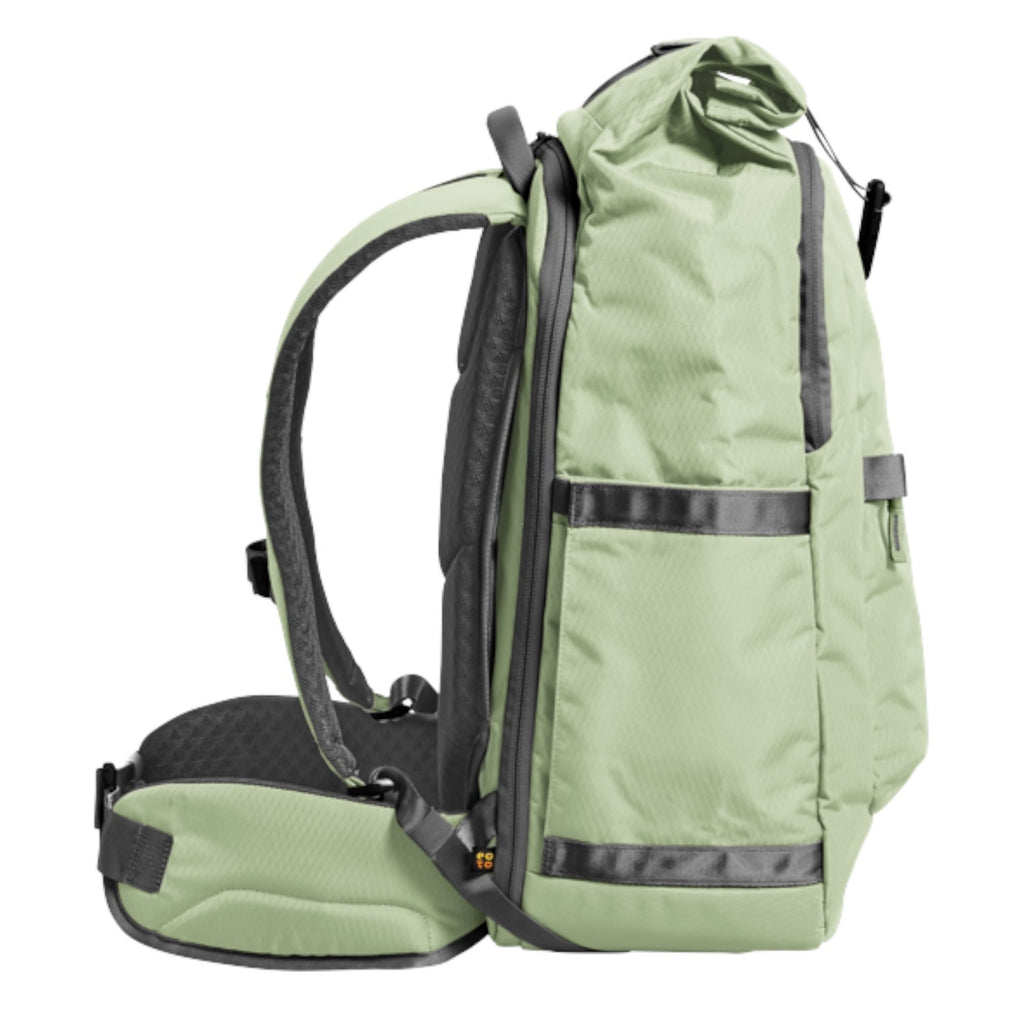 Lieblingstasche eoto Tall41 sage green rolltop travel backpack with side view and padded hip belt