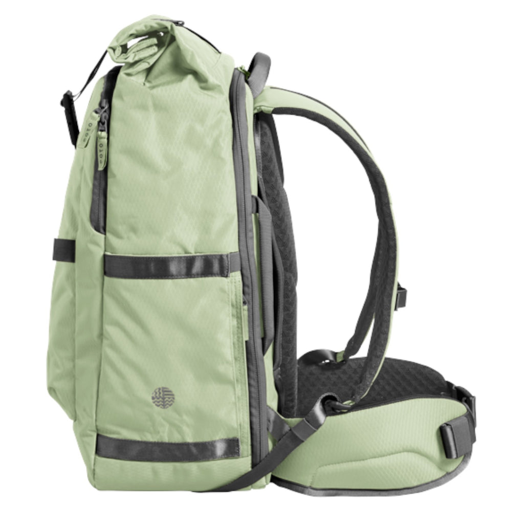 Lieblingstasche eoto Tall41 sage green rolltop travel backpack with padded shoulder straps and waist belt
