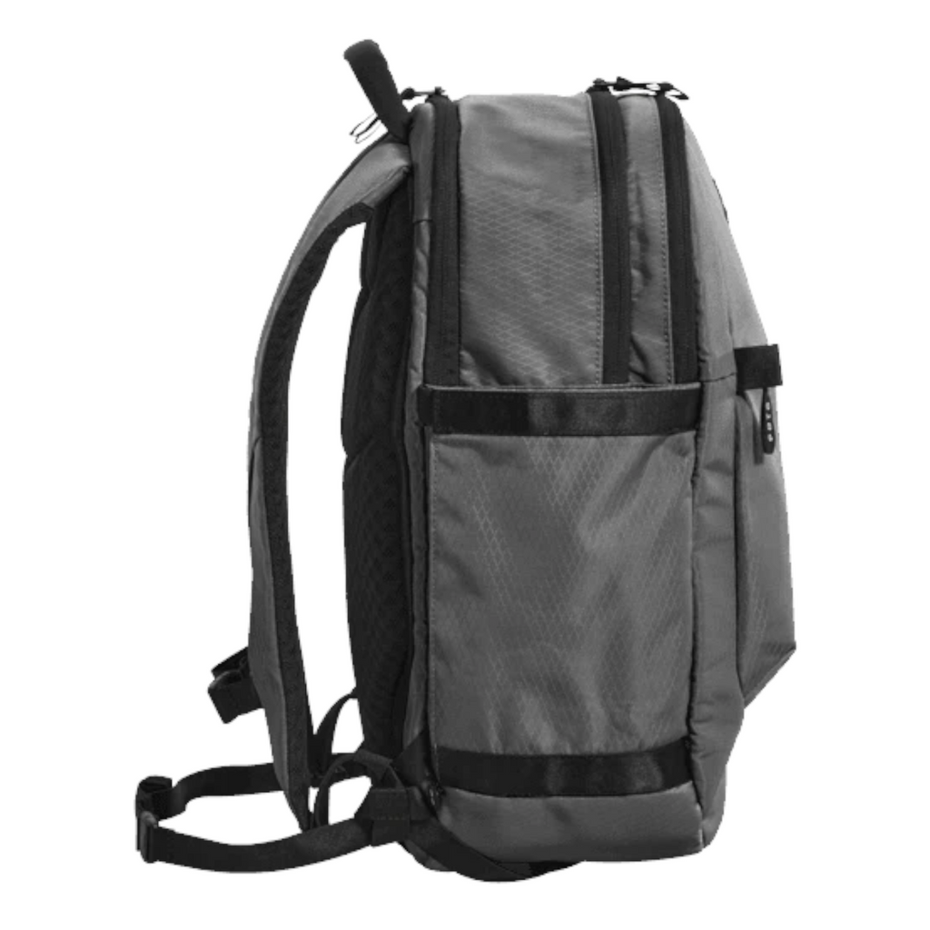 Lieblingstasche eoto Tidy22 grey business backpack with side view, featuring water-resistant recycled material.