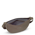 Lieblingstasche Essential Moon Bag in taupe with an open zipper, showing the interior lining and adjustable strap.