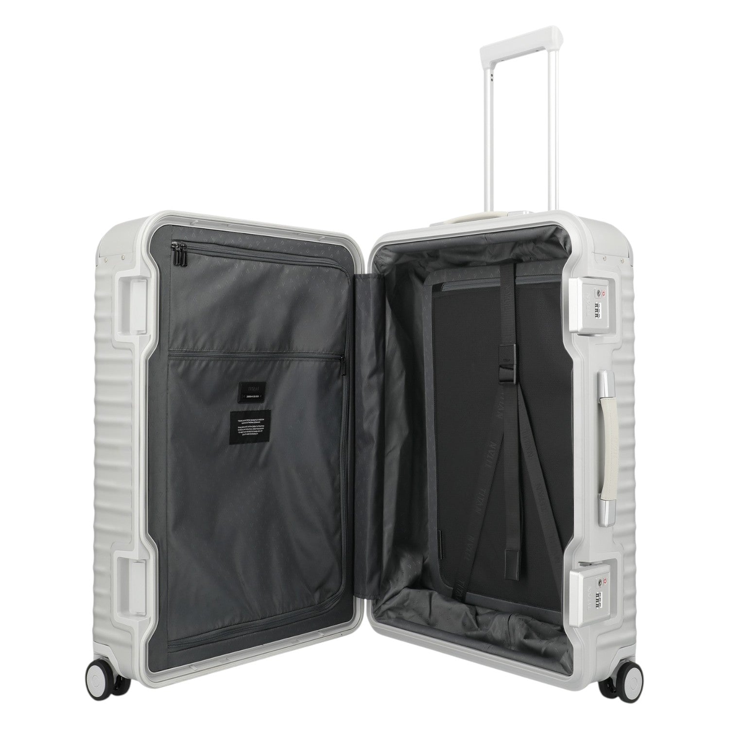 Lieblingstasche Eternity 4W Trolley L, a large silver aluminum suitcase with a plastic frame, leather handles, and TSA locks. Open to show grey interior with straps.