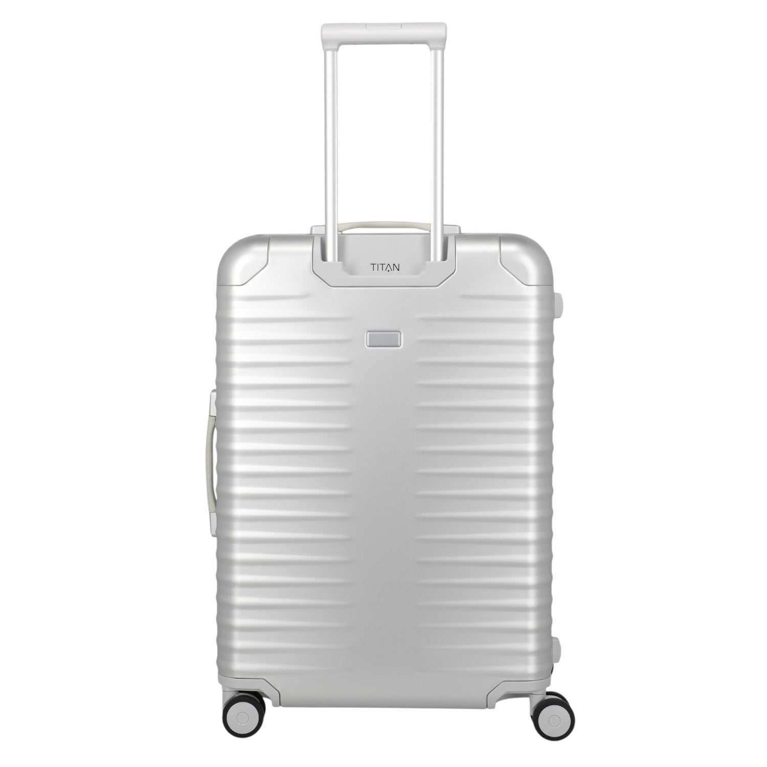 Lieblingstasche Eternity 4W L silver aluminium suitcase with telescopic handle and spinner wheels.