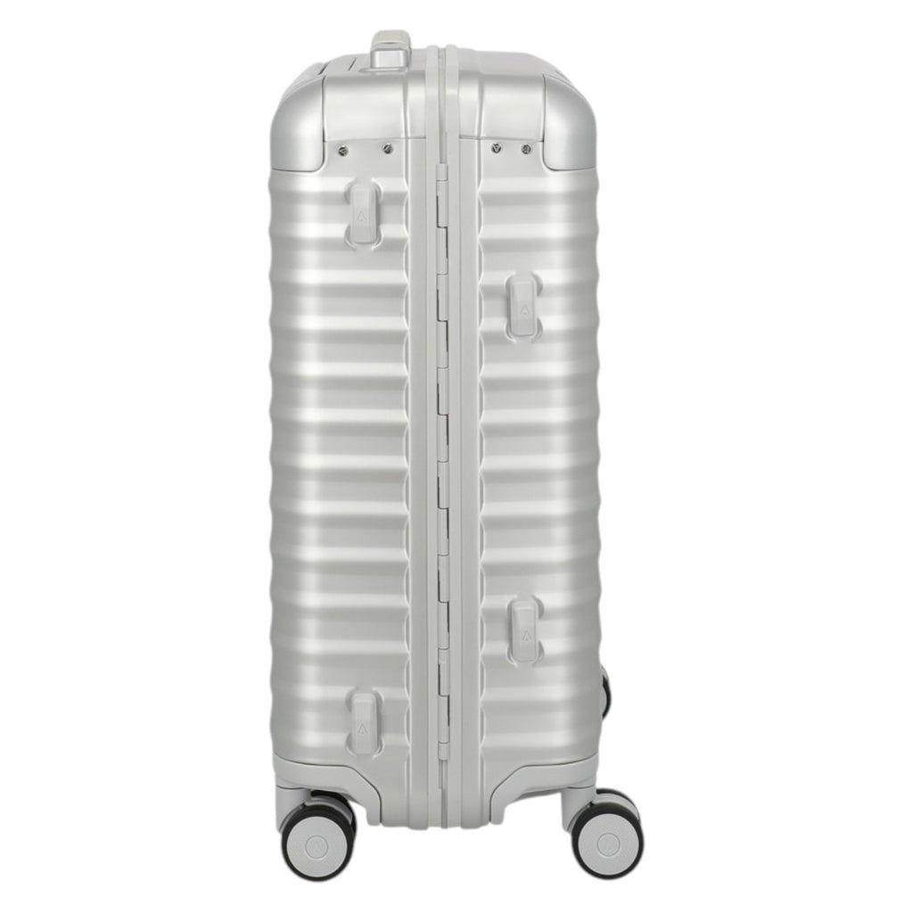 Lieblingstasche Eternity S23 silver aluminium trolley suitcase with leather handles and spinner wheels.