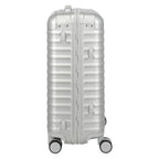 Lieblingstasche Eternity S23 silver aluminium trolley suitcase with leather handles and spinner wheels.
