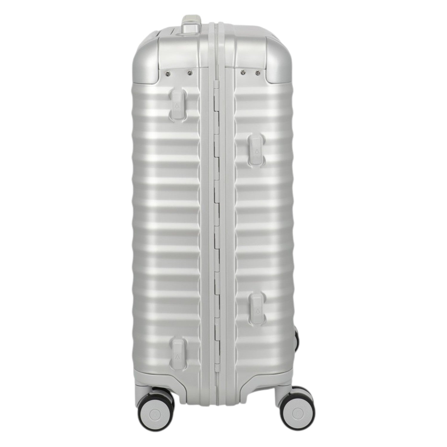 Lieblingstasche Eternity S23 silver aluminium trolley suitcase with leather handles and spinner wheels.