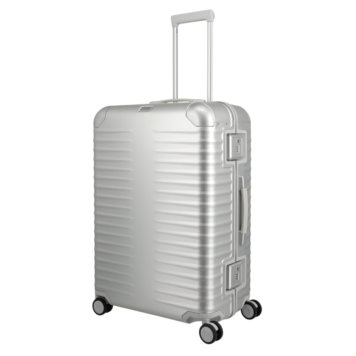 Lieblingstasche Eternity 4W Trolley L, silver aluminium suitcase with ribbed texture, TSA lock, leather handle, and four spinner wheels.