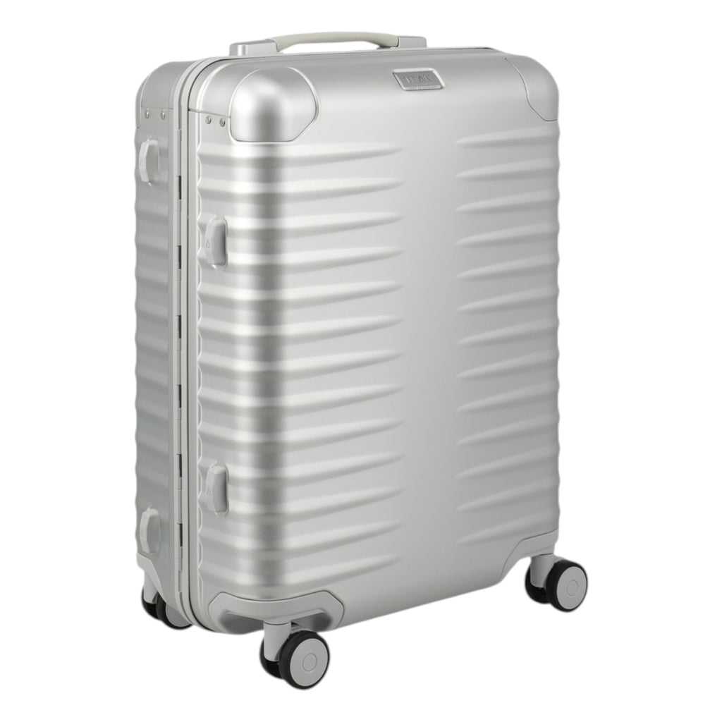 Lieblingstasche Eternity S23 silver aluminium trolley suitcase with leather handles and spinner wheels.