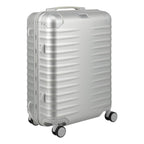 Lieblingstasche Eternity S23 silver aluminium trolley suitcase with leather handles and spinner wheels.