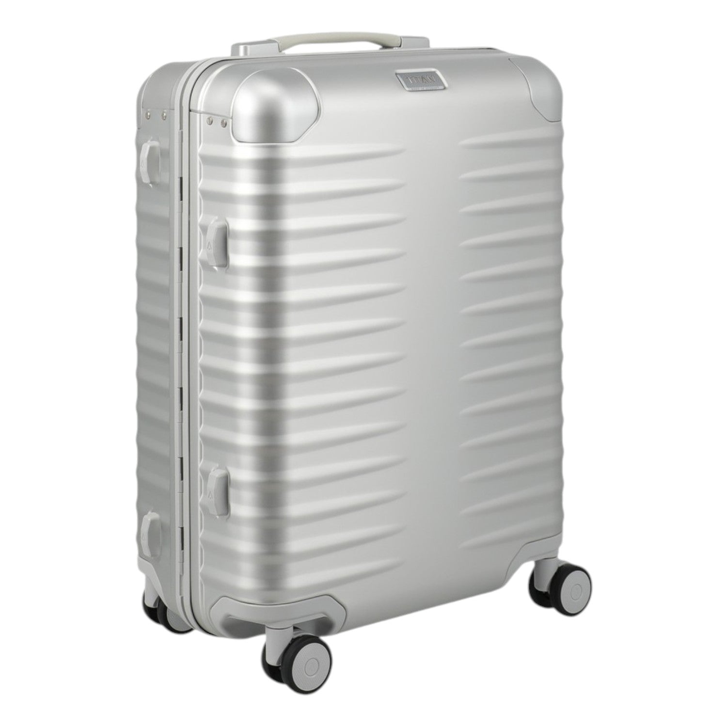 Lieblingstasche Eternity S23 silver aluminium trolley suitcase with leather handles and spinner wheels.