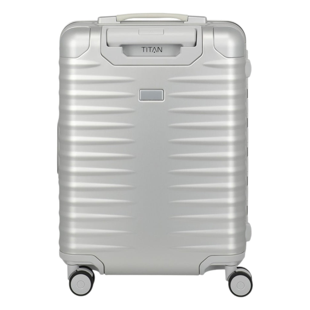 Lieblingstasche Eternity S23 silver aluminium trolley suitcase with ribbed texture, leather handles, and spinner wheels.