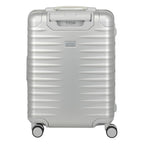Lieblingstasche Eternity S23 silver aluminium trolley suitcase with ribbed texture, leather handles, and spinner wheels.
