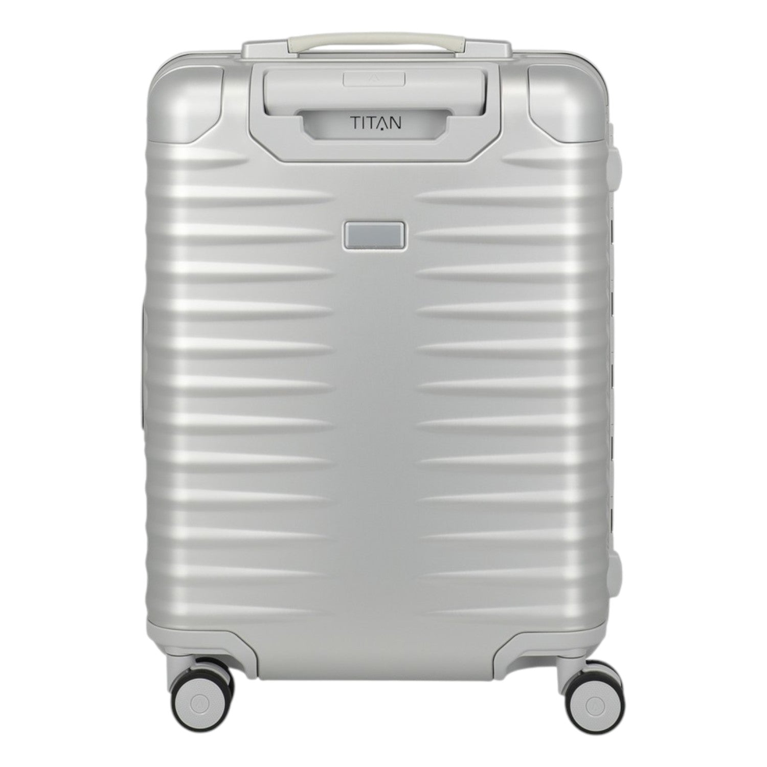 Lieblingstasche Eternity S23 silver aluminium trolley suitcase with ribbed texture, leather handles, and spinner wheels.