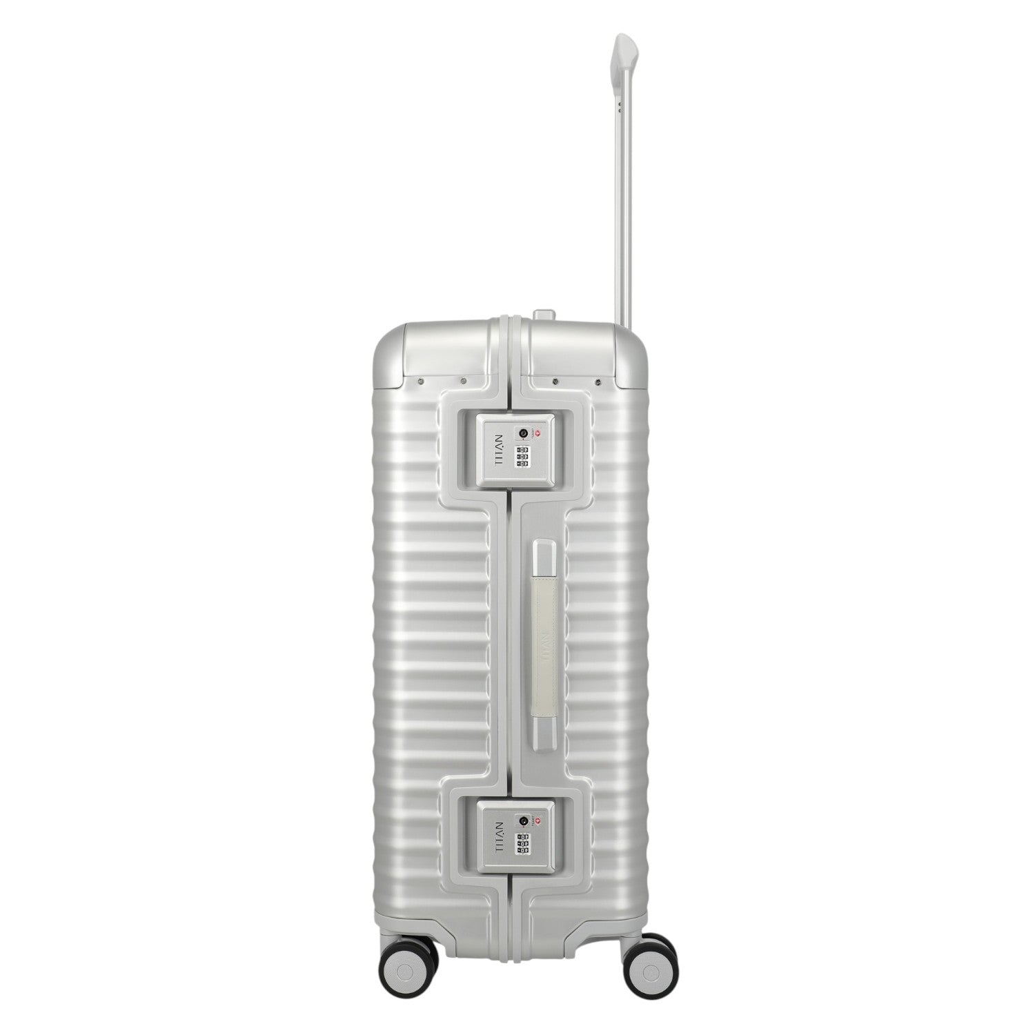 Lieblingstasche Eternity 4W Trolley L, silver aluminum suitcase with TSA lock and telescopic handle, ideal for long trips.