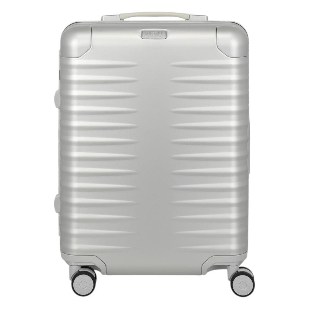 Lieblingstasche Eternity S23 silver aluminum trolley suitcase with ribbed texture, leather handles, and spinner wheels.