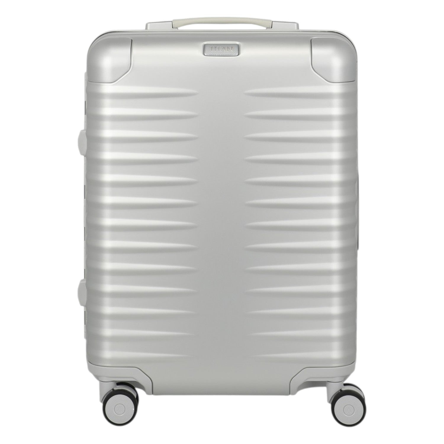 Lieblingstasche Eternity S23 silver aluminum trolley suitcase with ribbed texture, leather handles, and spinner wheels.