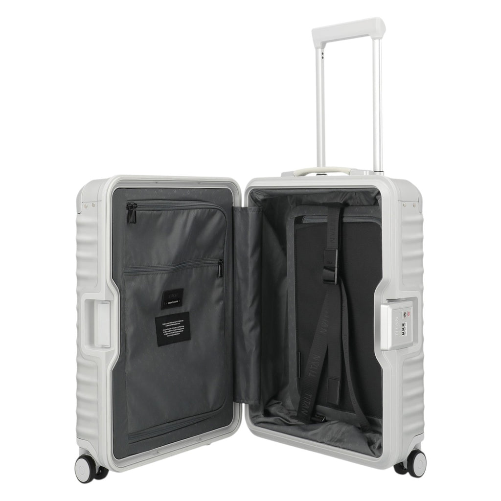 Lieblingstasche Eternity 4W Trolley S23, a white aluminium suitcase with a plastic frame, leather handles, and TSA lock. Open to show interior.