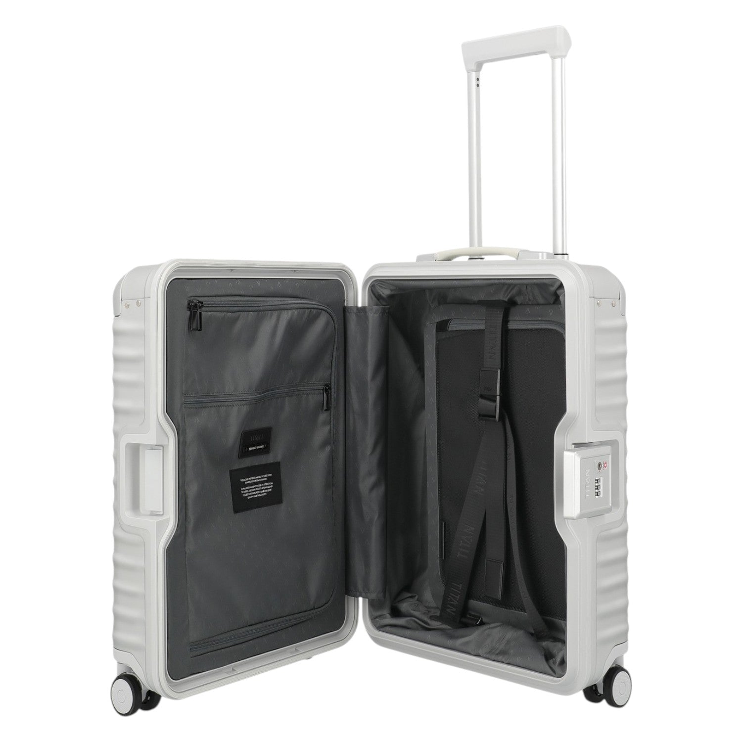 Lieblingstasche Eternity 4W Trolley S23, a white aluminium suitcase with a plastic frame, leather handles, and TSA lock. Open to show interior.