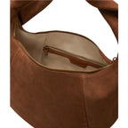 Lieblingstasche Farrah II Hobo M brown suede shoulder bag with gold zipper and beige interior lining