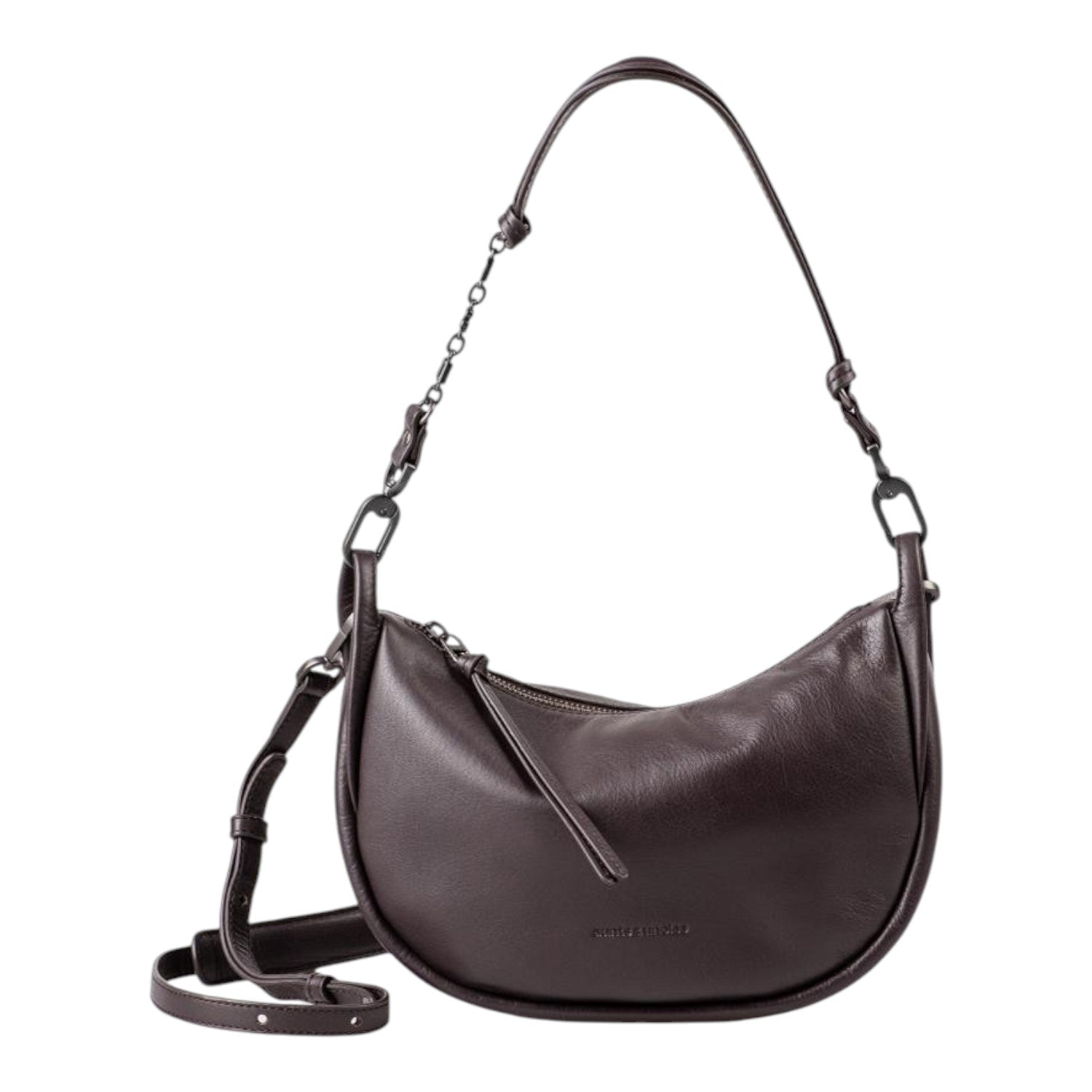 Lieblingstasche Fawn dark brown leather hobo bag with a crescent shape and decorative chain strap detail.