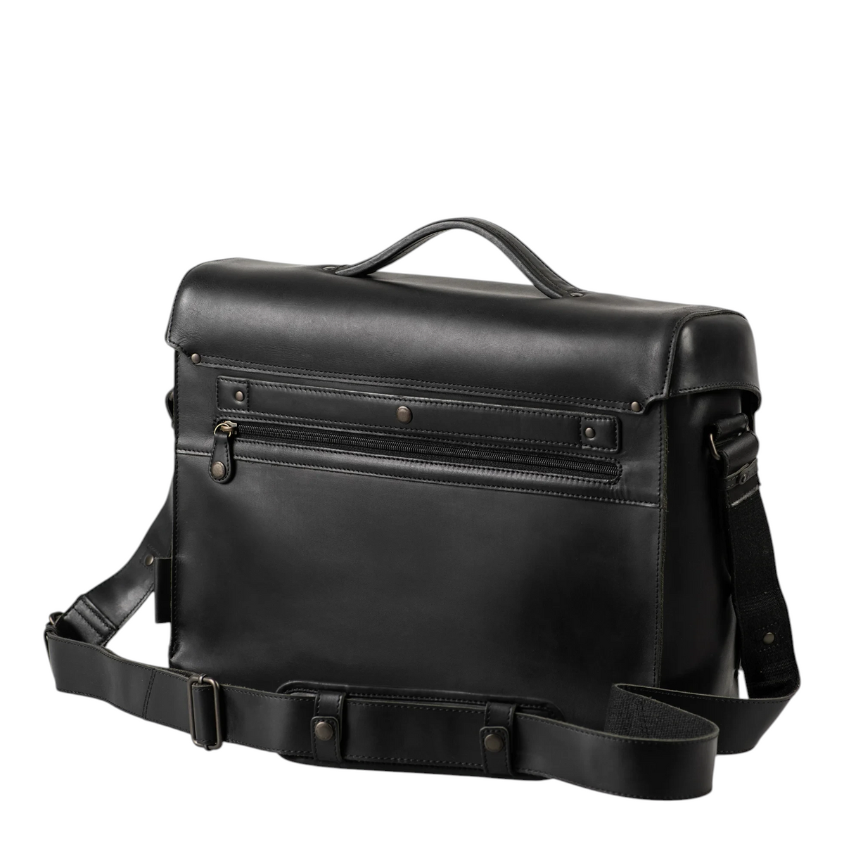 Lieblingstasche Finn black leather messenger bag with a top handle, adjustable shoulder strap, and rear zip pocket.