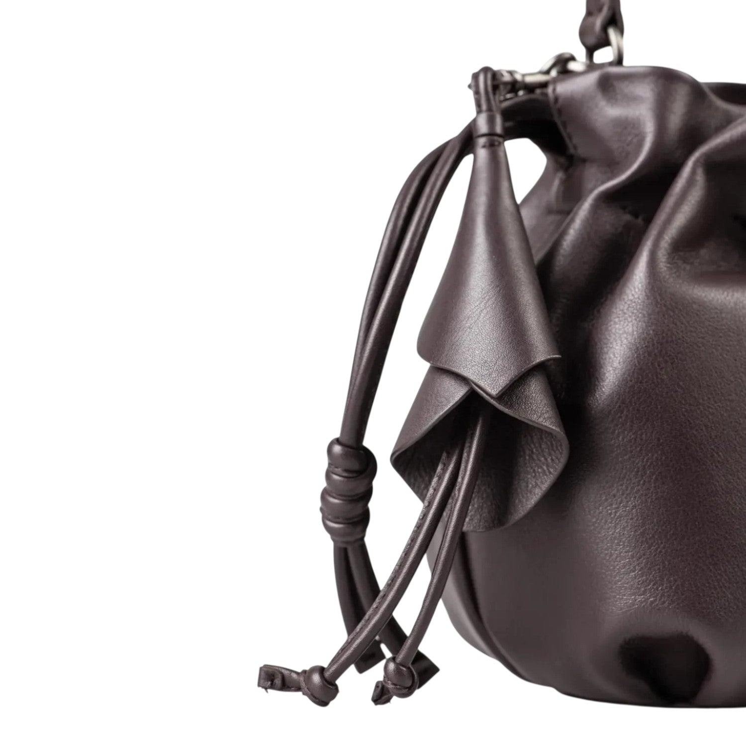 Lieblingstasche Fleur dark brown leather drawstring bucket bag with elegant petal-shaped tassel detail