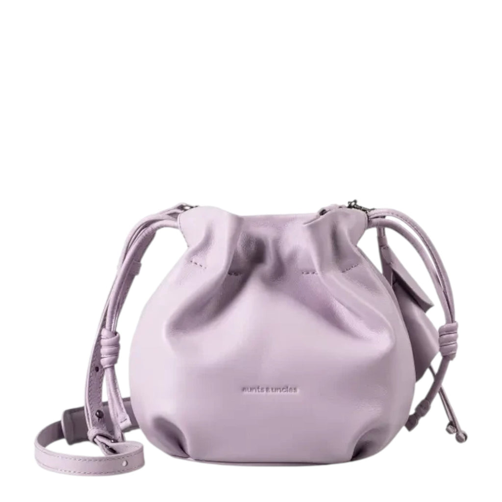 Lieblingstasche Fleur lavender leather drawstring bucket bag with adjustable shoulder strap