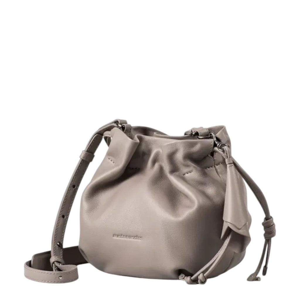 Lieblingstasche Fleur taupe leather drawstring bucket bag with adjustable shoulder strap