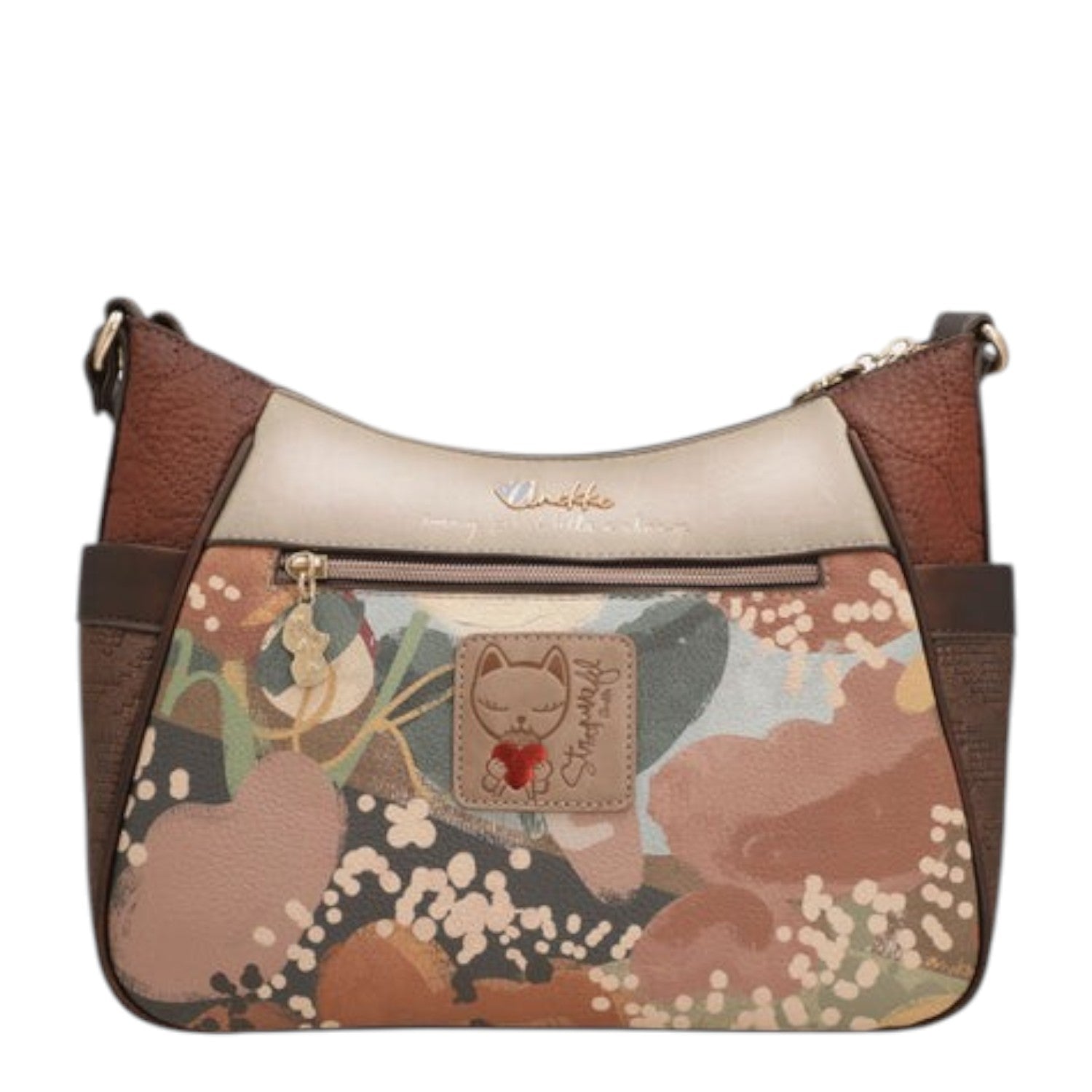 Lieblingstasche cross-body bag featuring a multi-colored floral print, brown leather accents, and a cat logo patch.