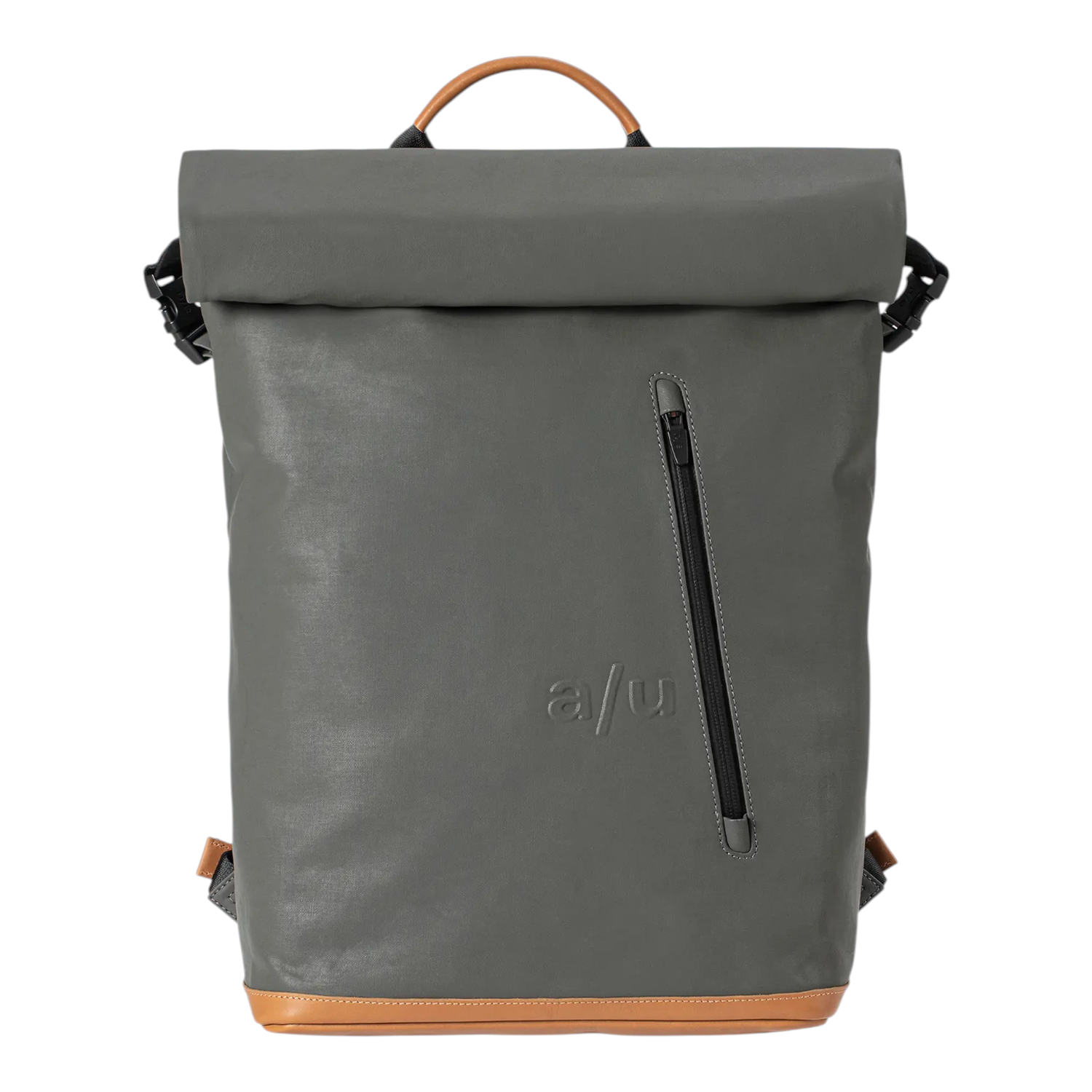 Lieblingstasche a/u by aunts & uncles Fukui grey rolltop backpack with tan leather details and front zip pocket.