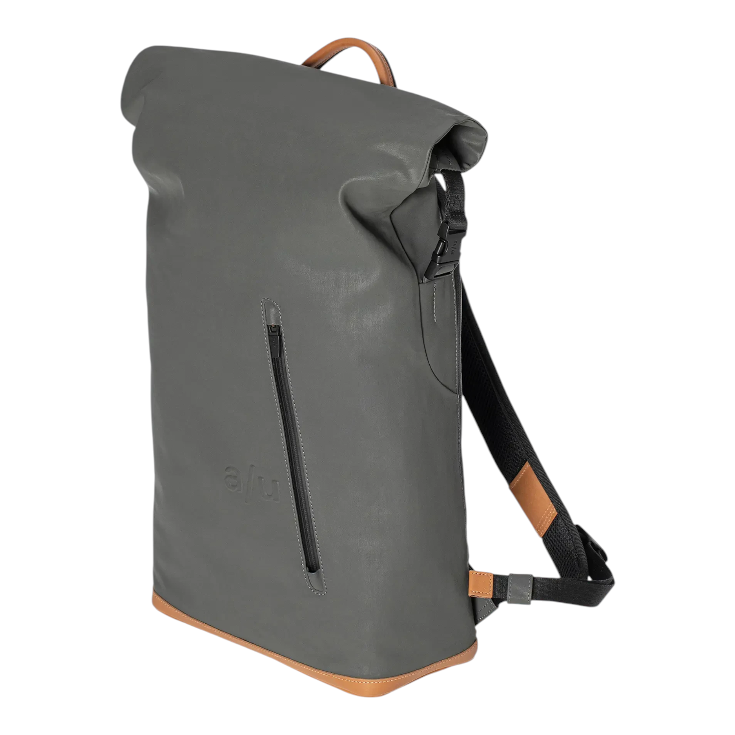 Lieblingstasche a/u by aunts & uncles Fukui grey rolltop backpack with tan leather details and front zipper pocket