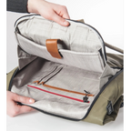 Lieblingstasche Fukui rolltop backpack interior with padded laptop compartment, organizer pockets, and leather details.