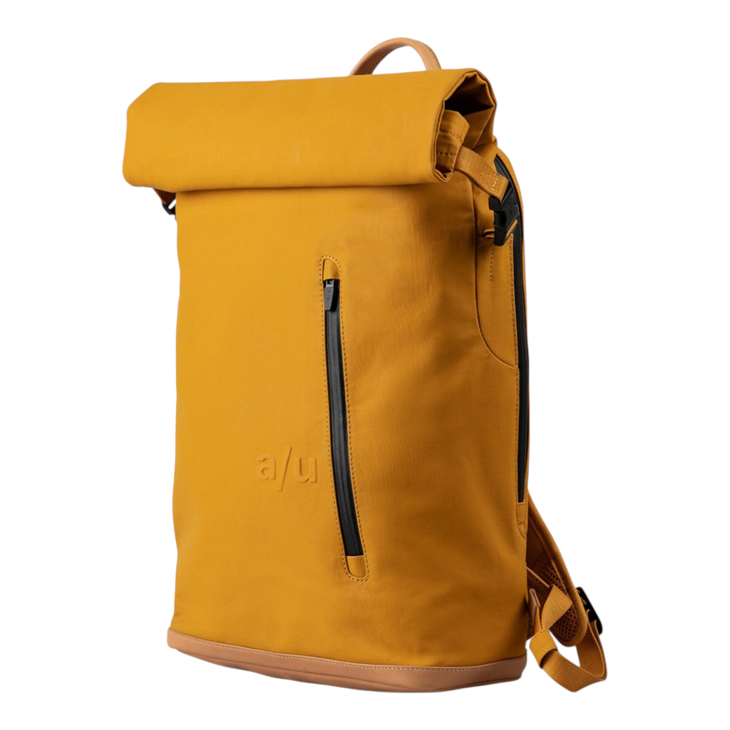 Lieblingstasche a/u by aunts & uncles Fukui rolltop backpack in mustard yellow coated canvas with leather details