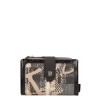 Lieblingstasche wallet featuring a black and beige geometric patterned leather design with a snap button closure
