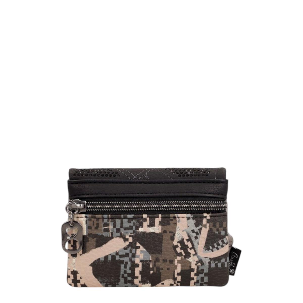 Lieblingstasche purse featuring a black and beige geometric patterned design with a zippered front pocket and charm.