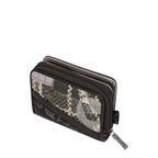 Lieblingstasche wallet featuring a grey and black geometric pattern with Soft Rock text detail and zip closure