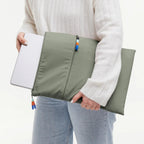Lieblingstasche GOT BAG olive green laptop sleeve with zipper and colorful pull tabs held by a person