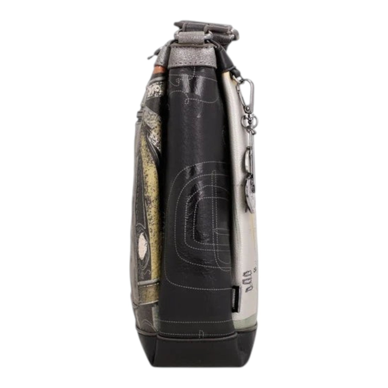 Lieblingstasche cross-body bag featuring a multi-colored graphic print, black leather trim, and side view profile.