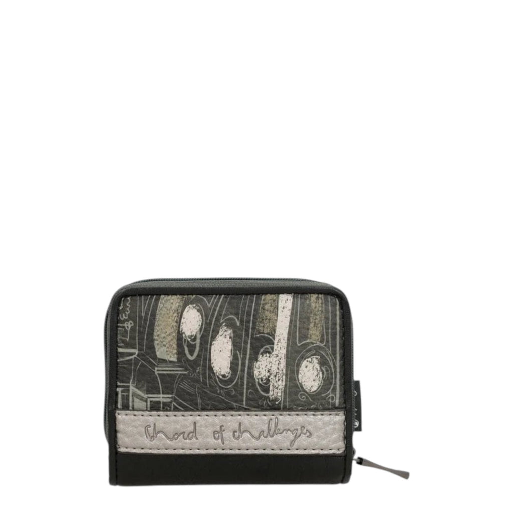 Lieblingstasche wallet in black and grey with a graphic print and Chord of Challenges text detail