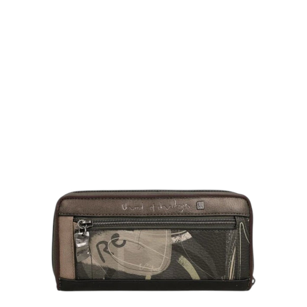 Lieblingstasche wallet in dark grey with abstract graphic print, zip-around closure, and front zippered pocket.