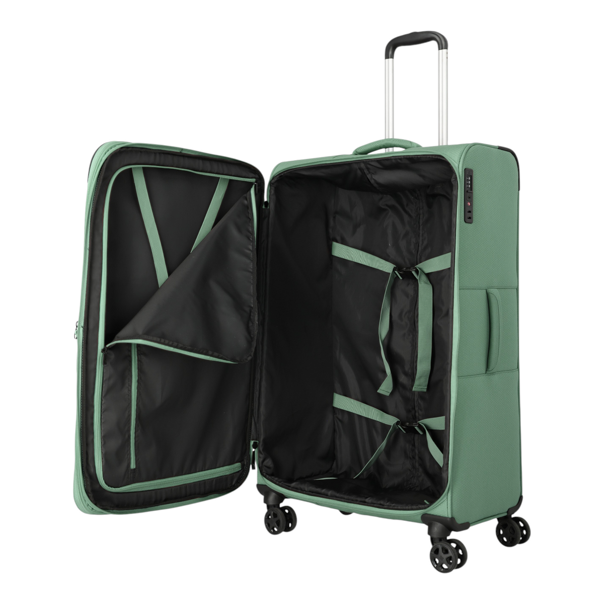Lieblingstasche Kick Off large expandable green 4-wheel trolley suitcase with open interior and packing straps