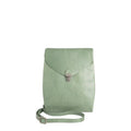 Lieblingstasche light green leather fold-over clutch handbag with silver clasp and adjustable strap.