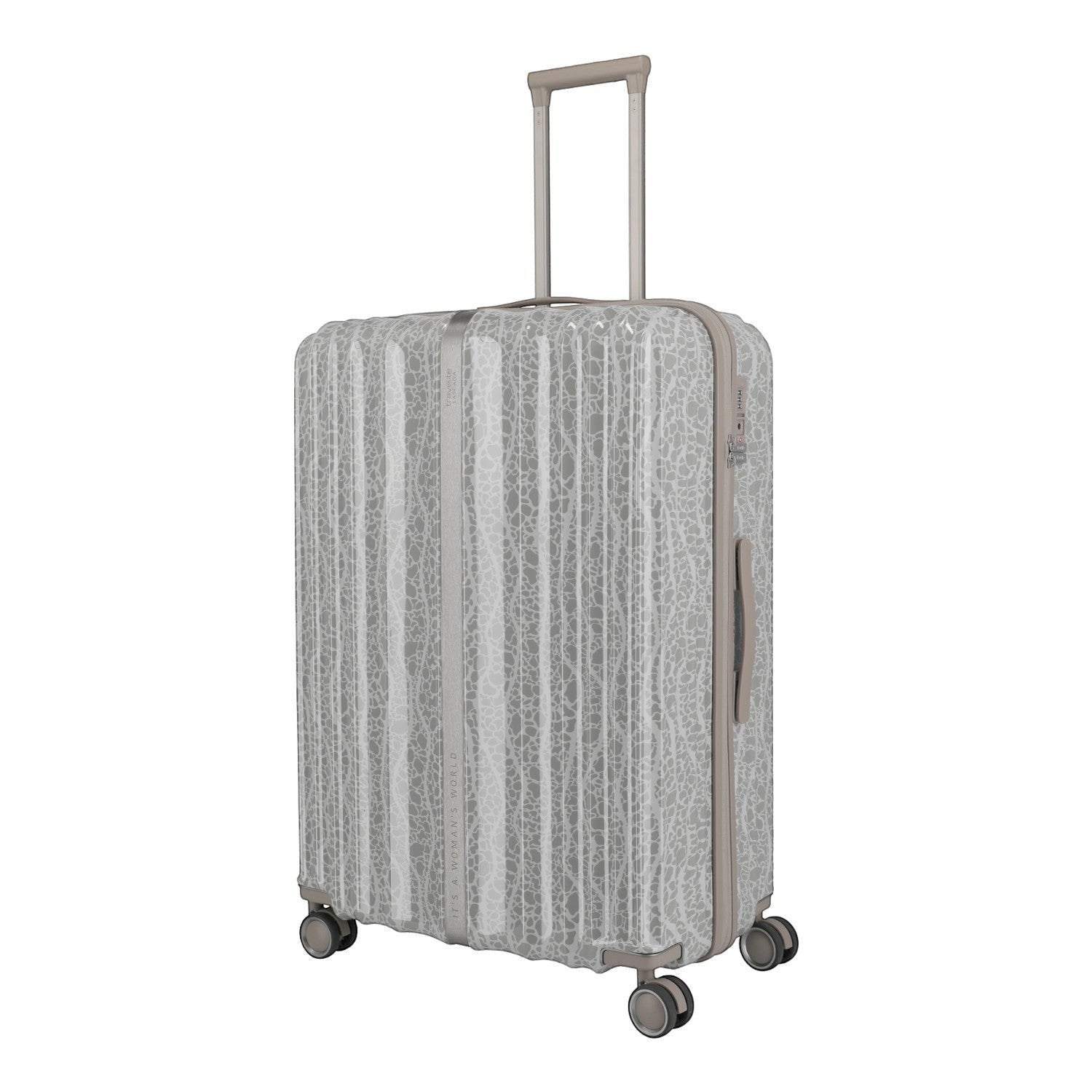 Lieblingstasche grey trolley suitcase with a white abstract pattern and telescopic handle.