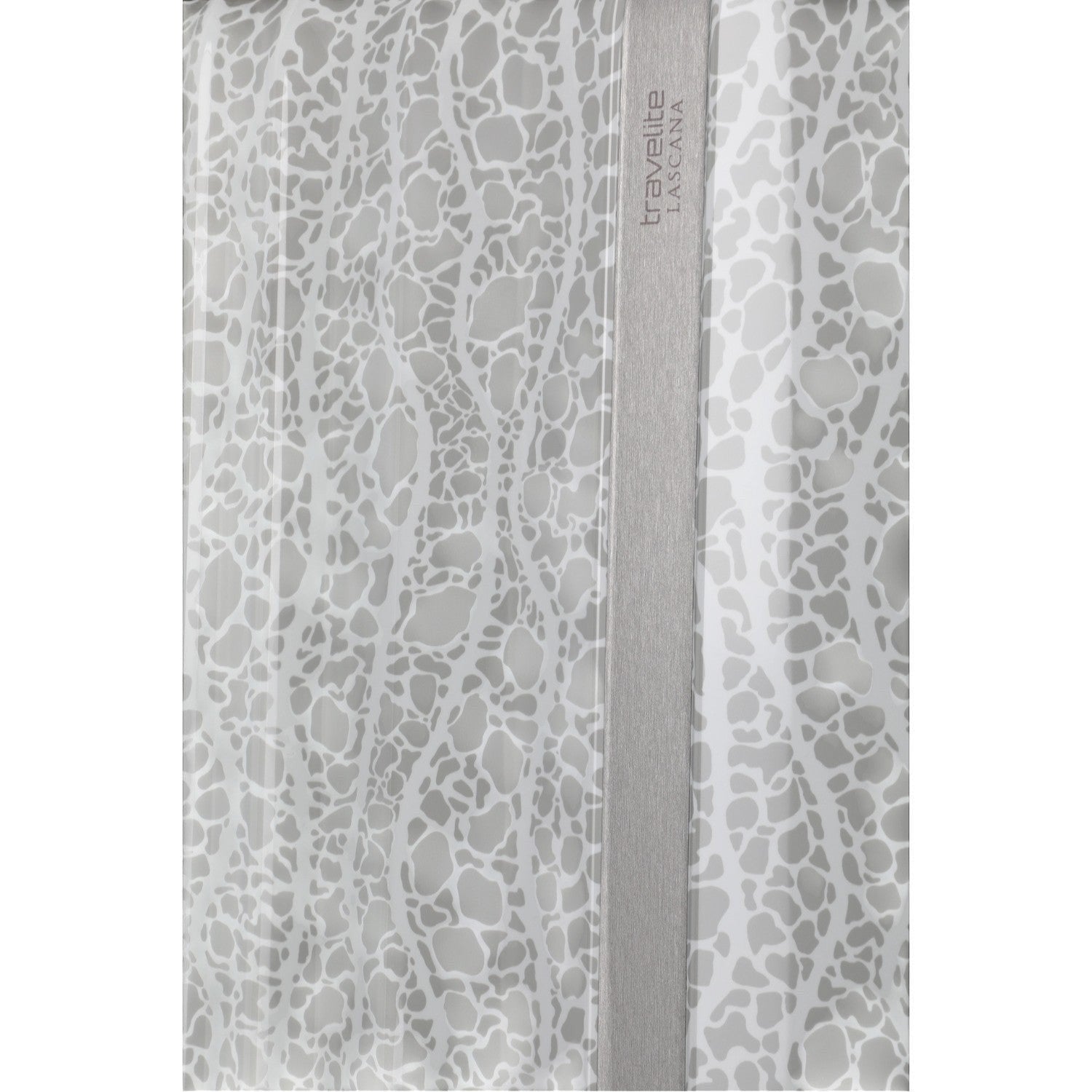 Lieblingstasche Lascana Edition 4W Trolley L, grey suitcase with a white abstract pattern and a brushed metal stripe.