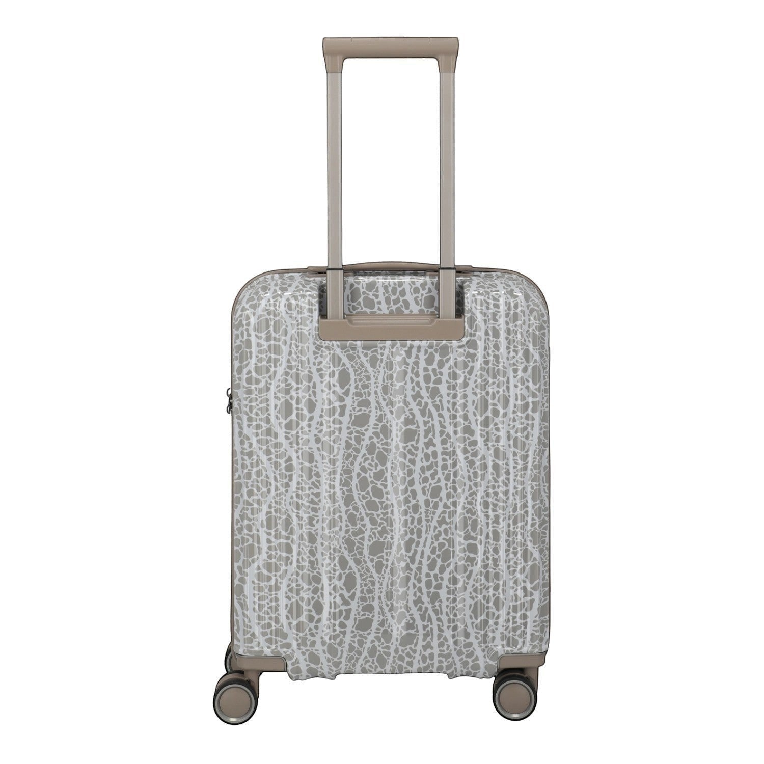 Lieblingstasche Edition 4W Trolley S, a small grey suitcase with a white abstract pattern and a retractable handle.