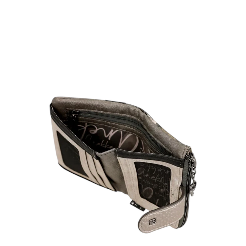 Lieblingstasche wallet in grey and black with interior card slots and zippered coin compartment