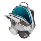 Lieblingstasche grey dog-shaped backpack for kids with open main compartment and turquoise lining.