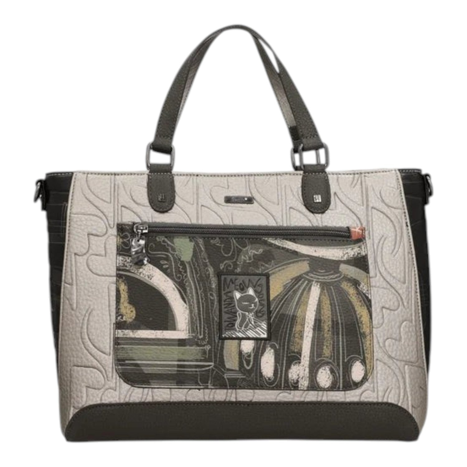 Lieblingstasche short handle bag in grey with embossed heart patterns and a decorative cat-themed front pocket