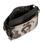 Lieblingstasche cross-body bag in grey with a whimsical illustrated character print and metallic hardware details.