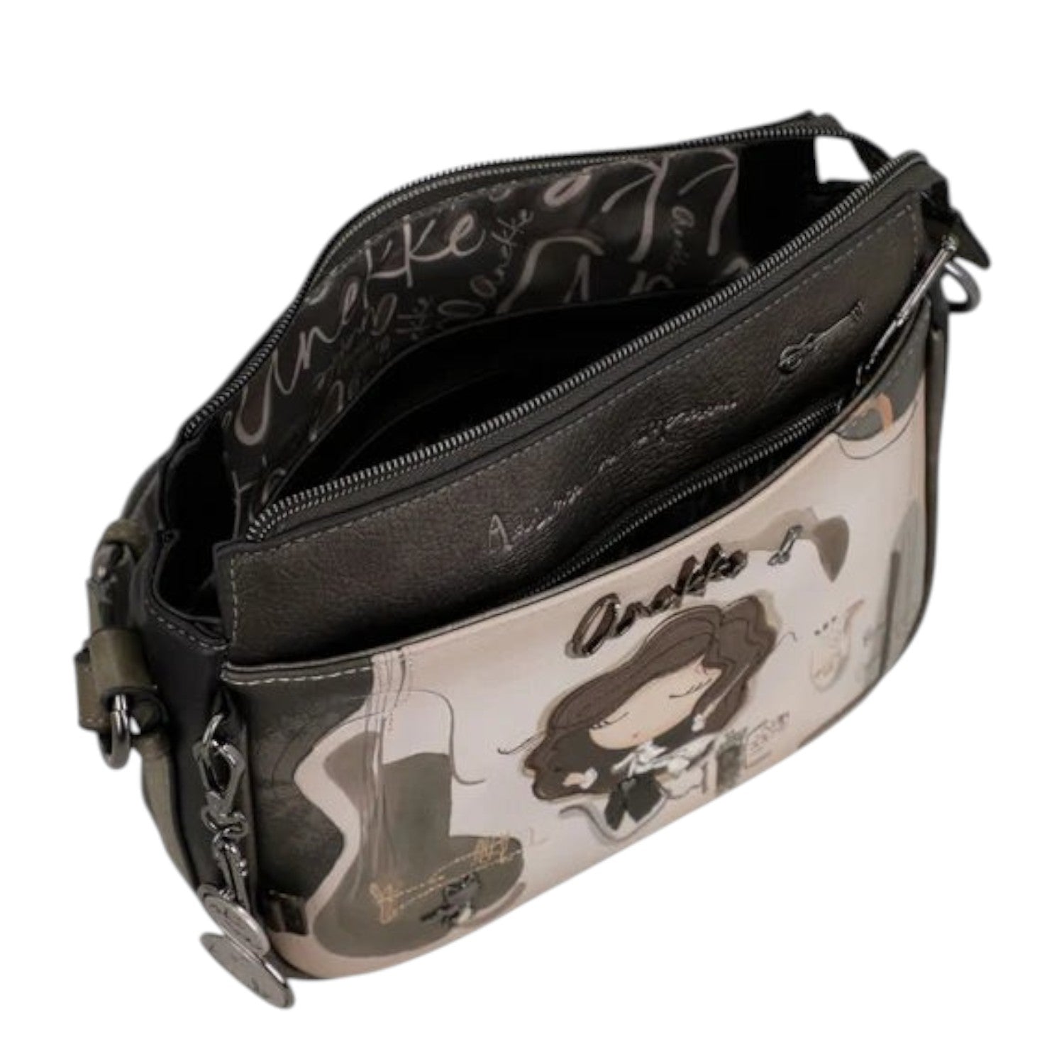 Lieblingstasche cross-body bag in grey with a whimsical illustrated character print and metallic hardware details.